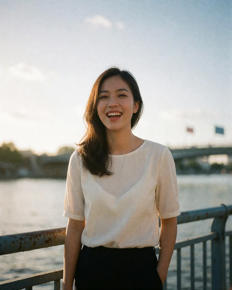 Vietnamese woman in a white blouse laughing at a riverside railing at sunset