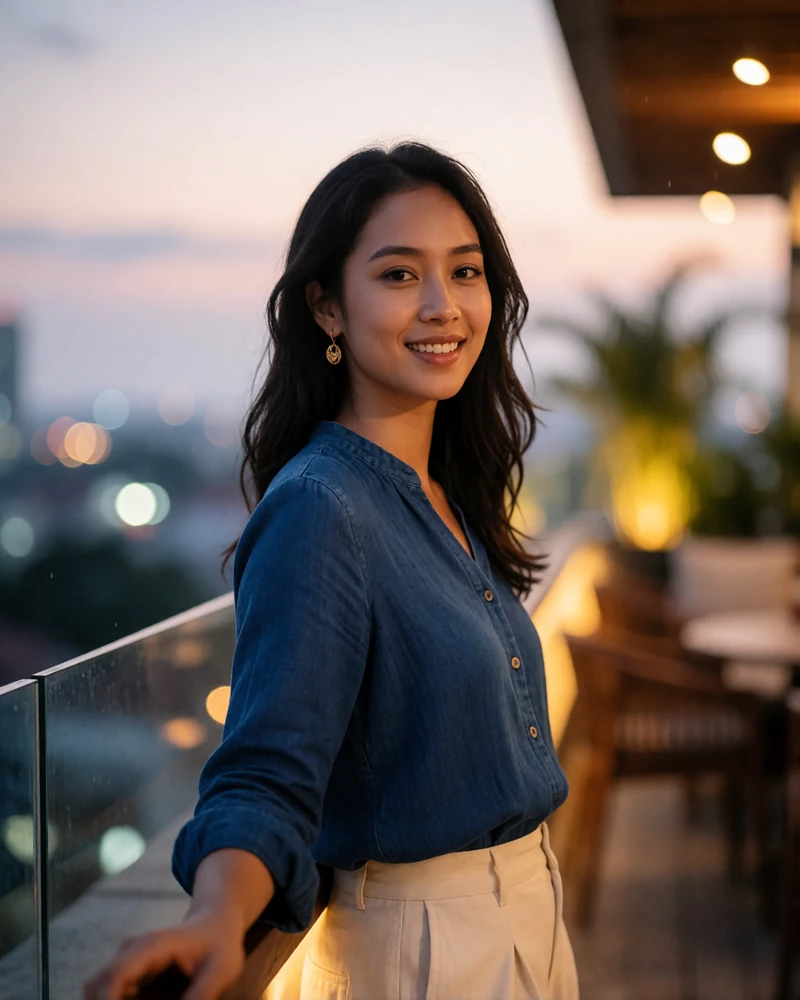 Indonesian woman in an indigo blouse smiling at a rooftop lounge in Jakarta at early evening