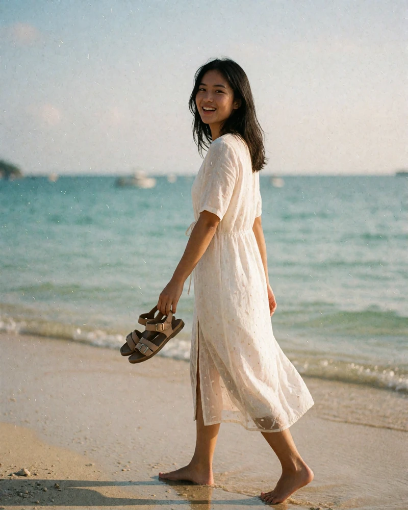 Filipina woman in a white linen dress walking barefoot along the shoreline