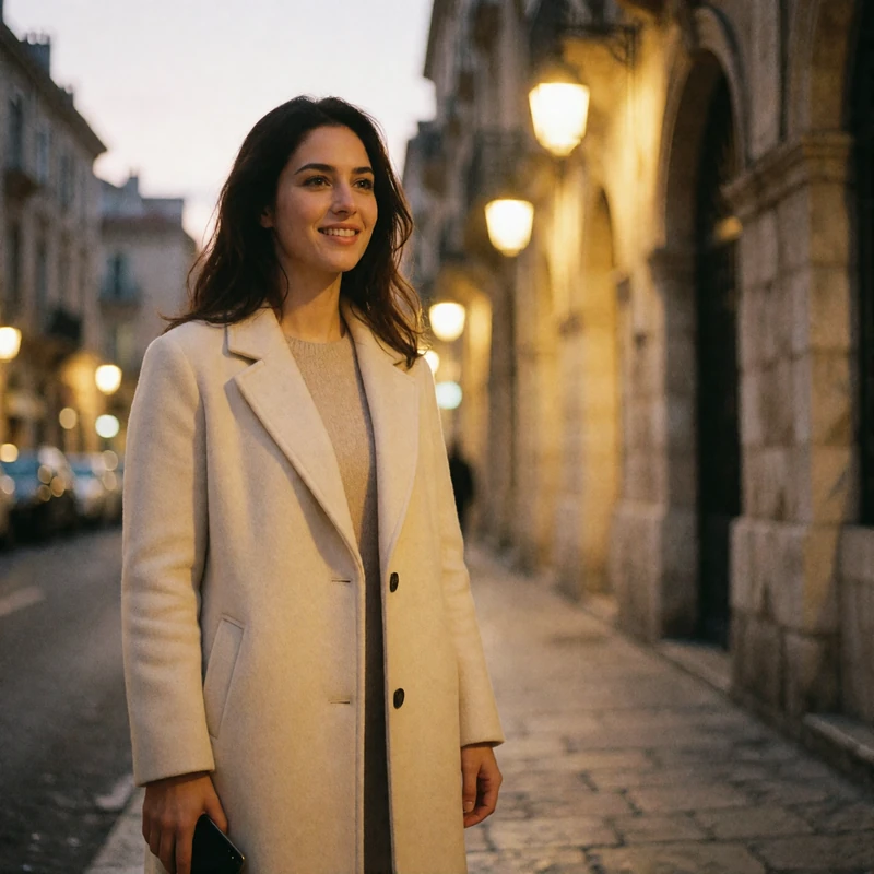 Jordanian woman in a cream coat smiling softly on a quiet city street at dusk