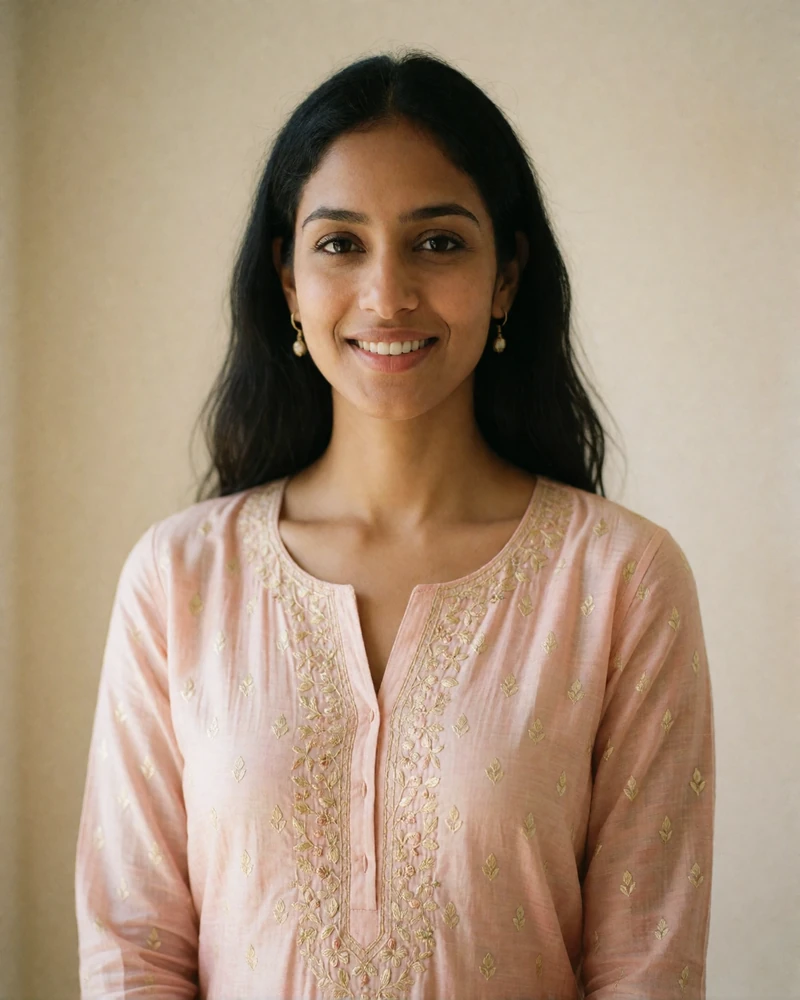 Indian woman in a blush kurta with subtle gold embroidery smiling warmly in a softly lit portrait