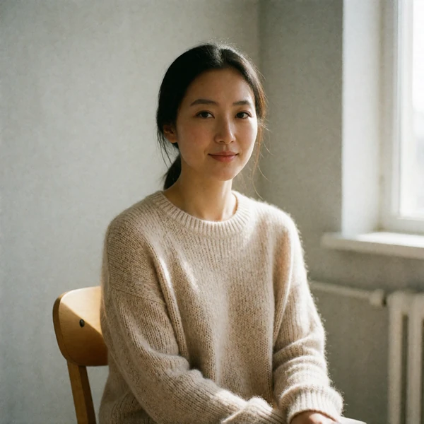 Mongolian woman in a knit sweater sitting calmly in a bright simple room