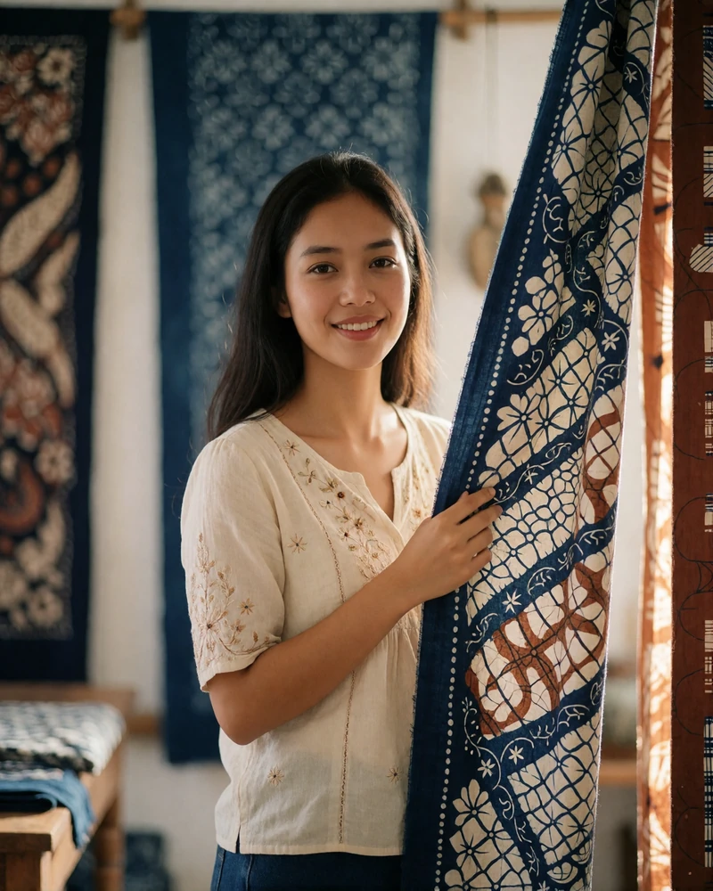 Indonesian woman in a cream embroidered blouse standing in a bright batik textile atelier