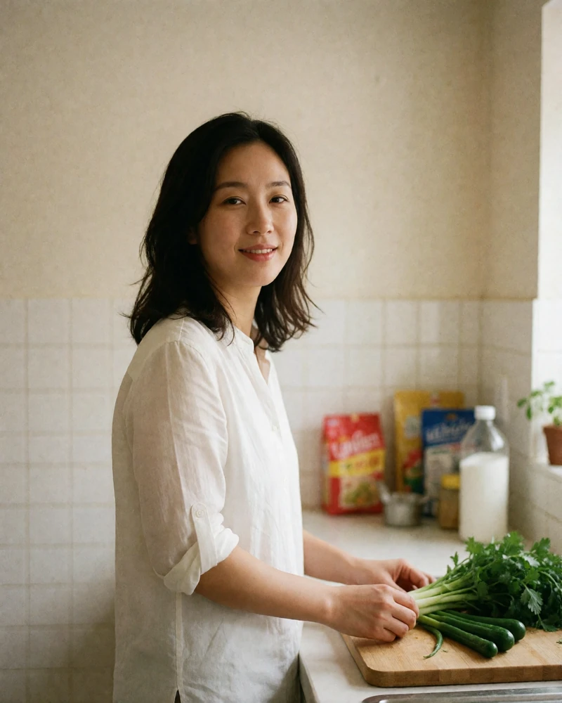 Korean woman preparing fresh vegetables in a bright home kitchen, smiling toward the camera