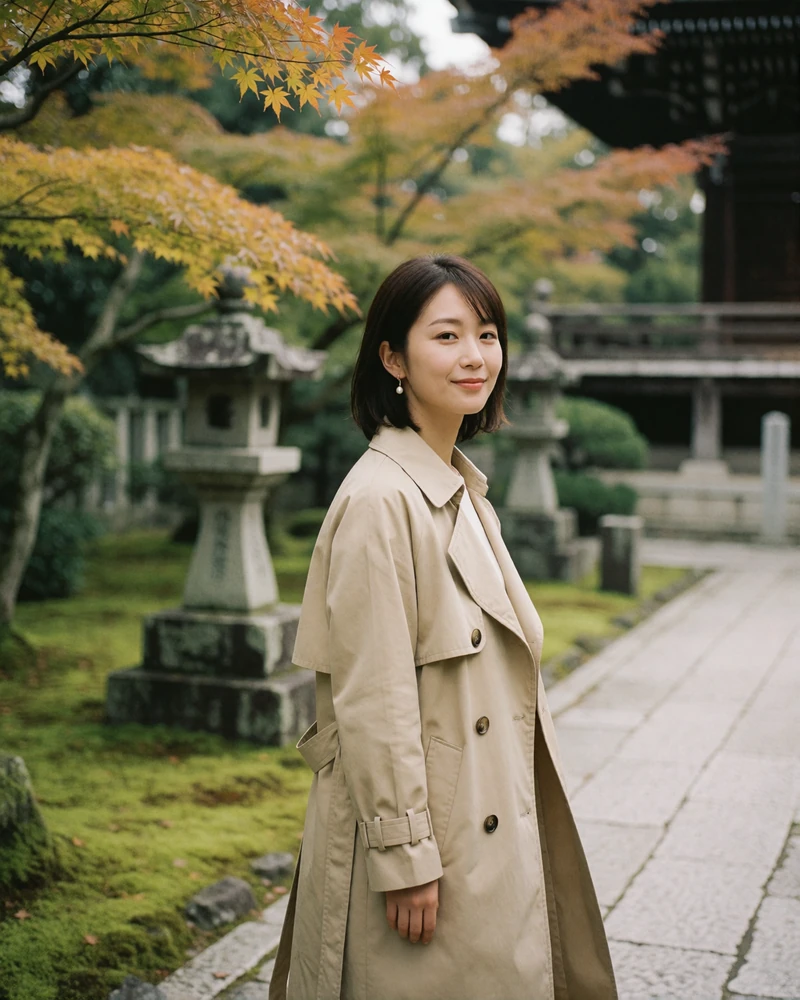 Japanese woman in a light beige trench coat walking along a stone path in a quiet temple garden