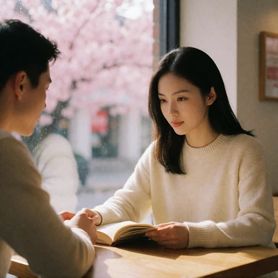 Asian woman in a cream sweater reading her partner's expression across a cafe table
