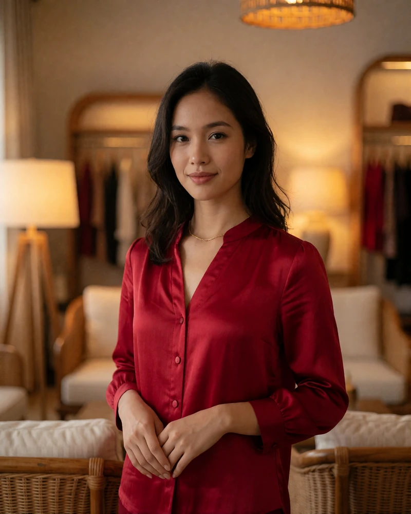 Cambodian woman in a deep crimson silk blouse standing composed in a boutique hotel lobby