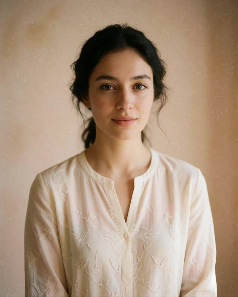 Turkmen woman with dark hair loosely tied back, wearing a cream tunic, calm smile in soft natural light