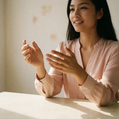 Southeast Asian woman in a blush blouse gesturing warmly with both hands while explaining something