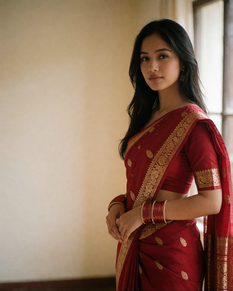 Nepali woman in a deep red sari with gold border and traditional red bangles standing in soft indoor light