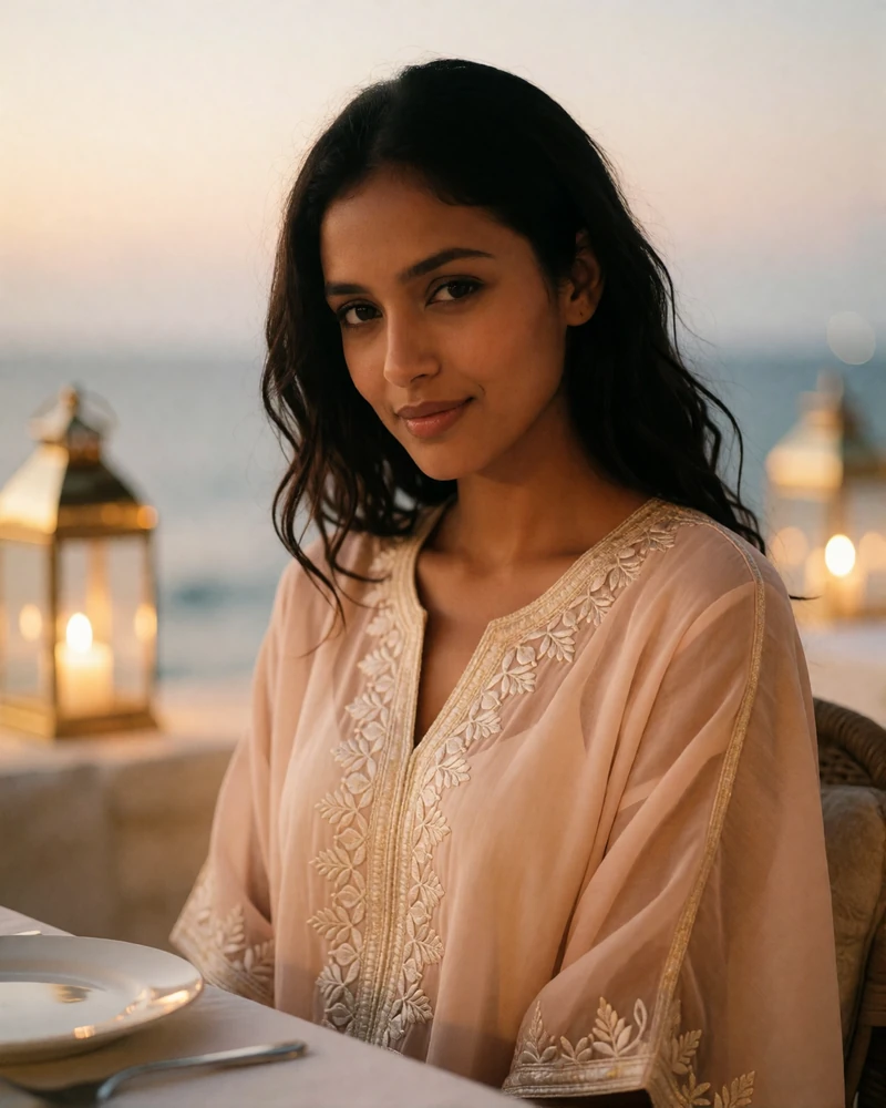 Maldivian woman in a blush embroidered kaftan seated at an outdoor dining terrace at golden hour