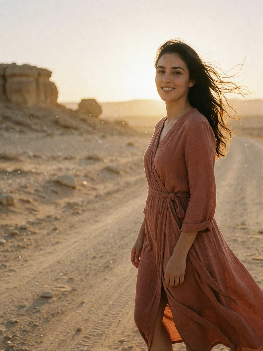 Jordanian woman in a terracotta wrap dress glancing back on an open desert road at golden hour