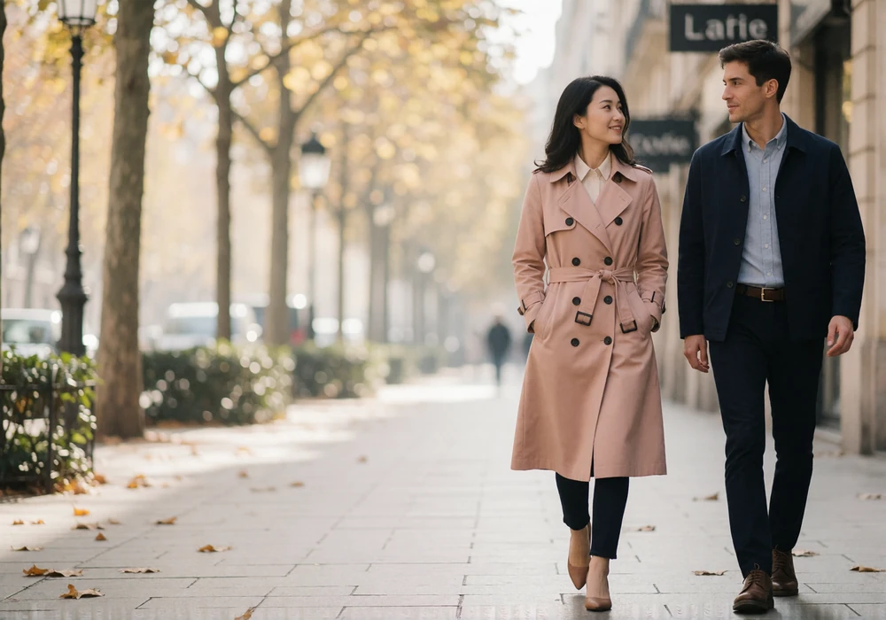 Asian woman in a blush trench coat walking beside her partner along a tree-lined sidewalk after resolving a disagreement