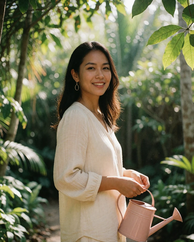 Filipina woman in a cream blouse holding a watering can in a tropical garden