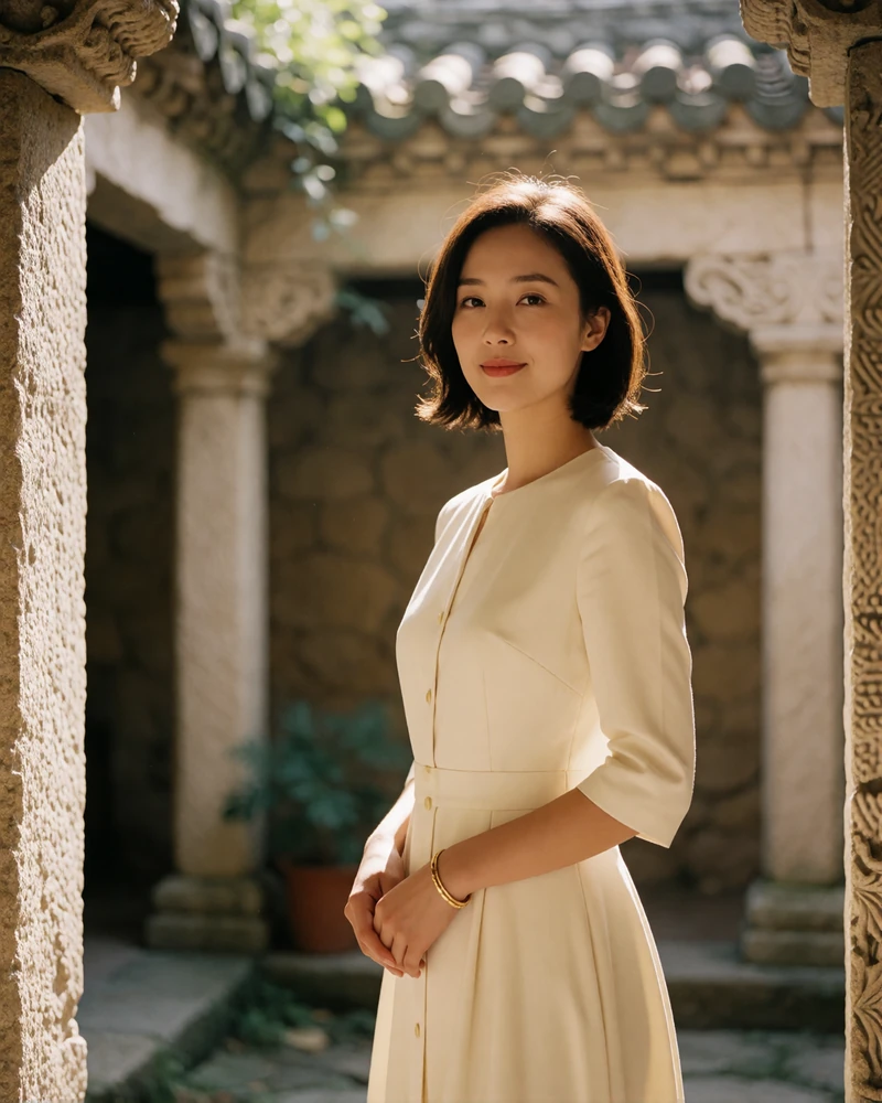 Taiwanese woman in a cream dress with a thin gold bracelet standing in a sunlit stone courtyard