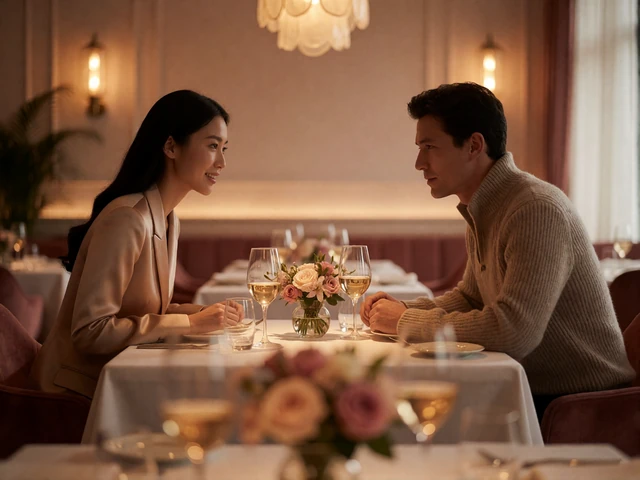 Asian woman in attentive conversation with her partner at a fine dining restaurant table