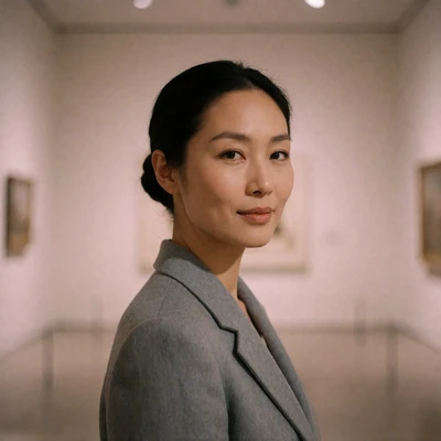Portrait of an Asian woman in a grey-blue blazer smiling thoughtfully inside a minimalist gallery