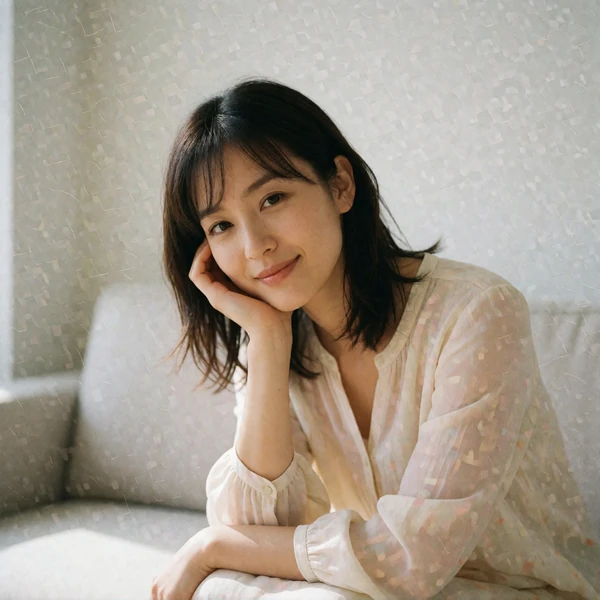 Japanese woman smiling warmly while resting her cheek on her hand in a bright living room