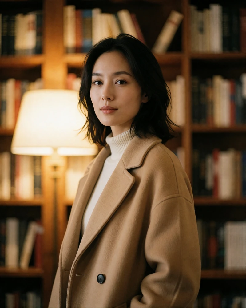 Chinese woman in a camel coat standing among softly blurred wooden bookshelves with a calm, intelligent expression
