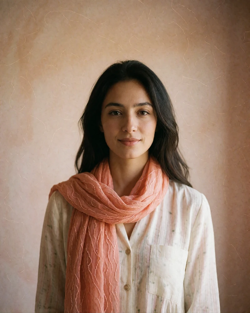 Tajik woman with a soft coral scarf smiling warmly against a plain plaster wall
