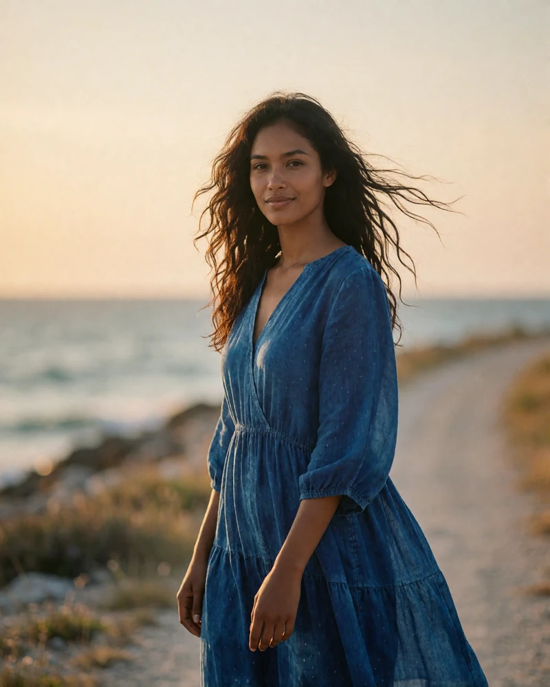 Timorese woman in a flowing indigo dress on a quiet coastal path at golden hour