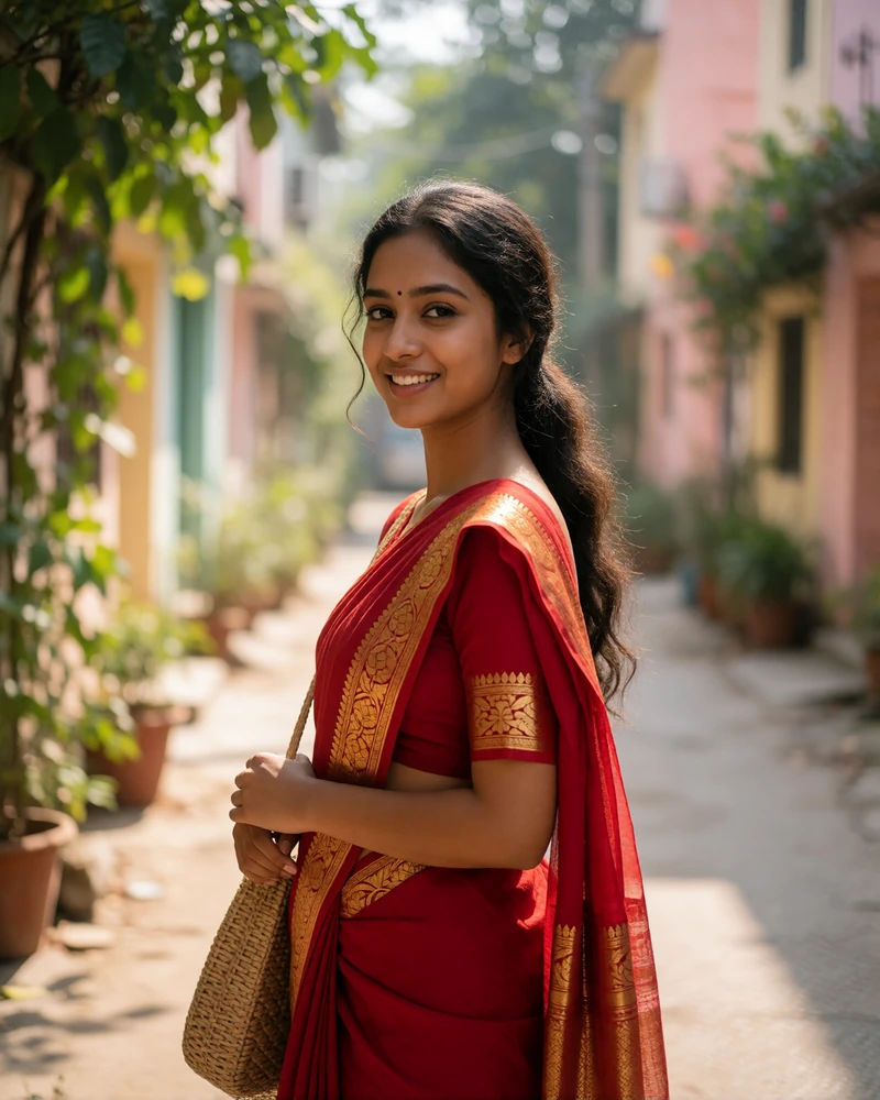 Bangladeshi woman in a crimson sari with a gold border smiling on a sunlit street of pastel buildings
