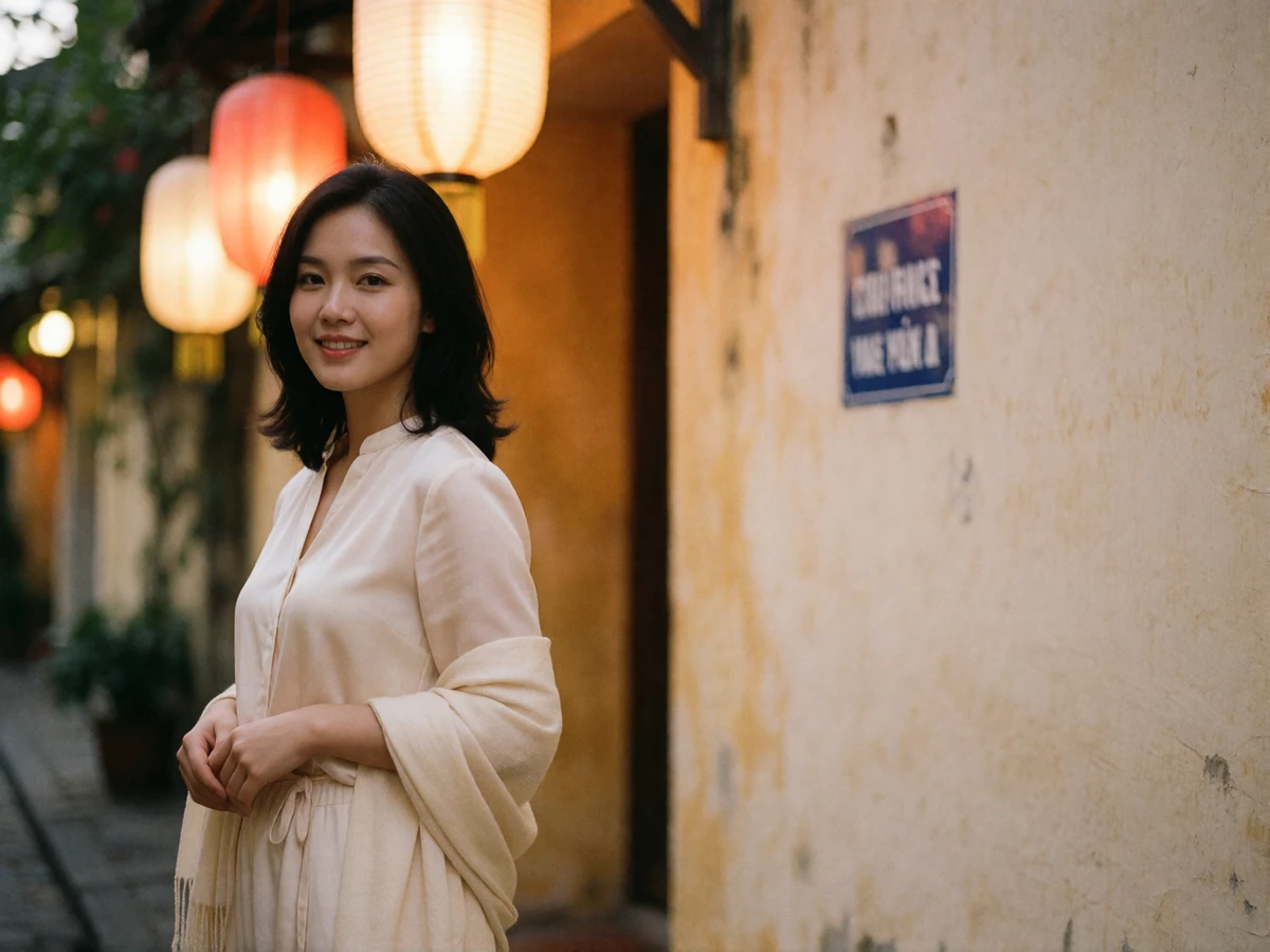 Vietnamese woman in an ivory blouse standing on a narrow old-town street at dusk with glowing paper lanterns behind her