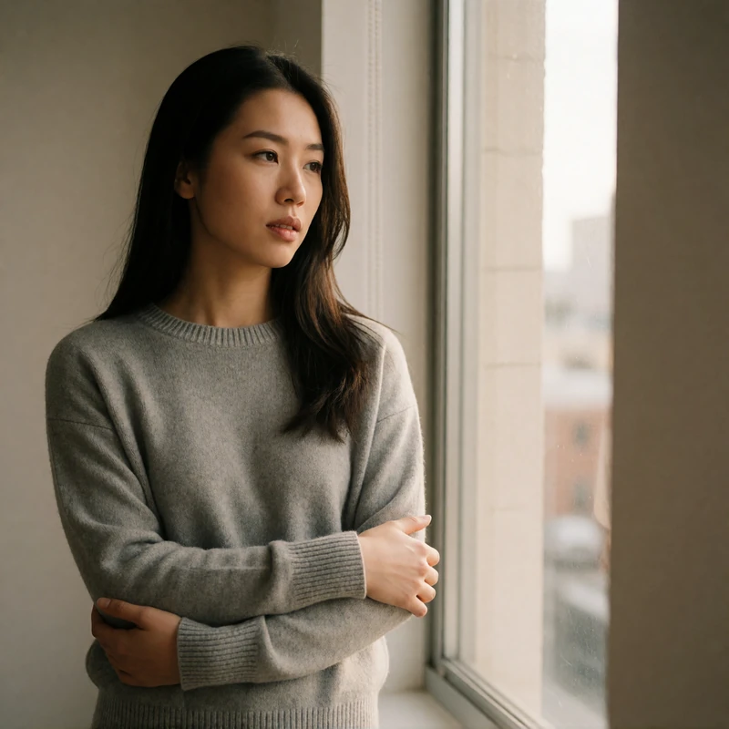 Asian woman standing thoughtfully beside a window, reflecting quietly rather than reacting during a disagreement