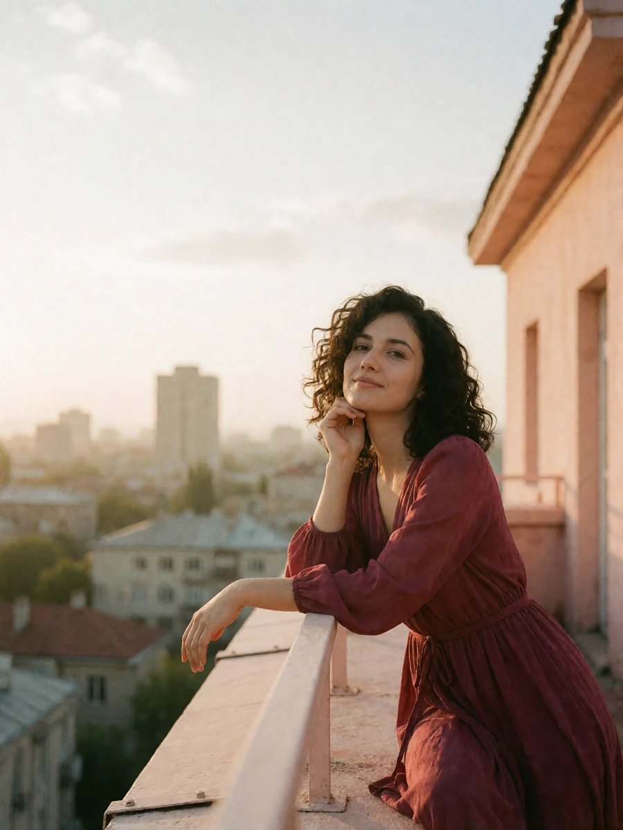 Armenian woman in a burgundy dress leaning on a rooftop terrace railing at golden hour