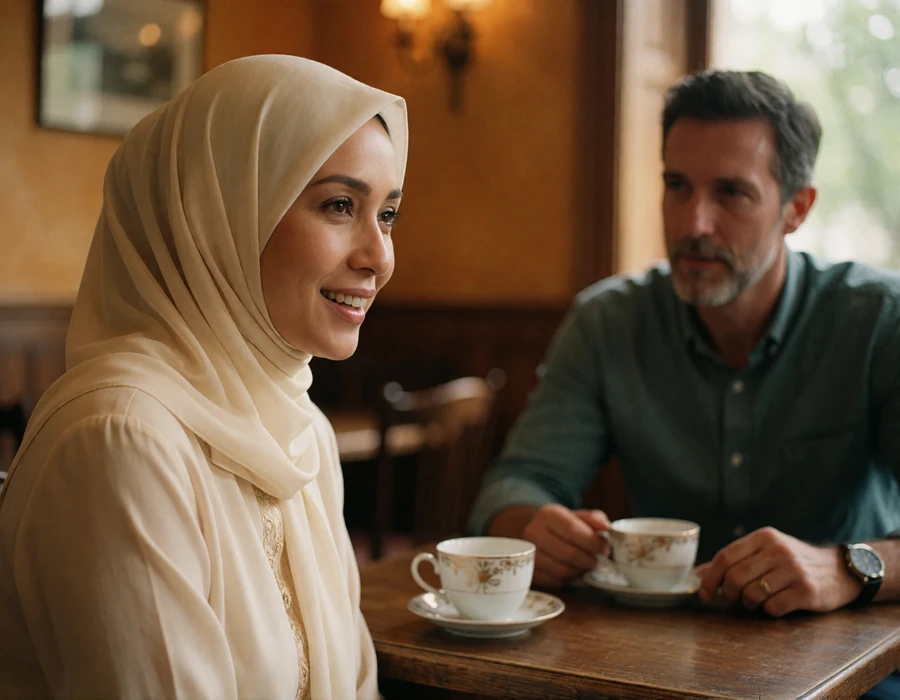 Bruneian woman in a cream headscarf and a Western man in conversation across a small table in a quiet teahouse