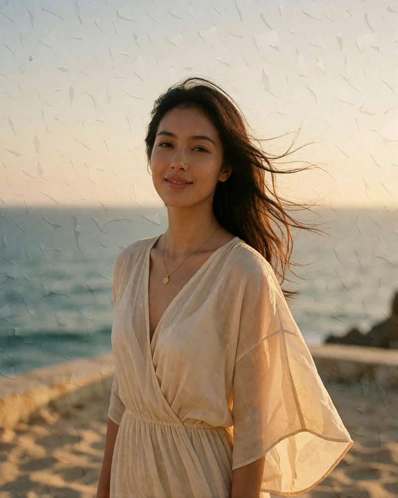 Indonesian woman in a sand-toned dress standing on a coastal terrace at golden hour