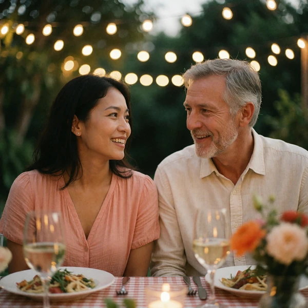 Filipina woman and a Western man smiling together at an outdoor dinner table strung with soft lights