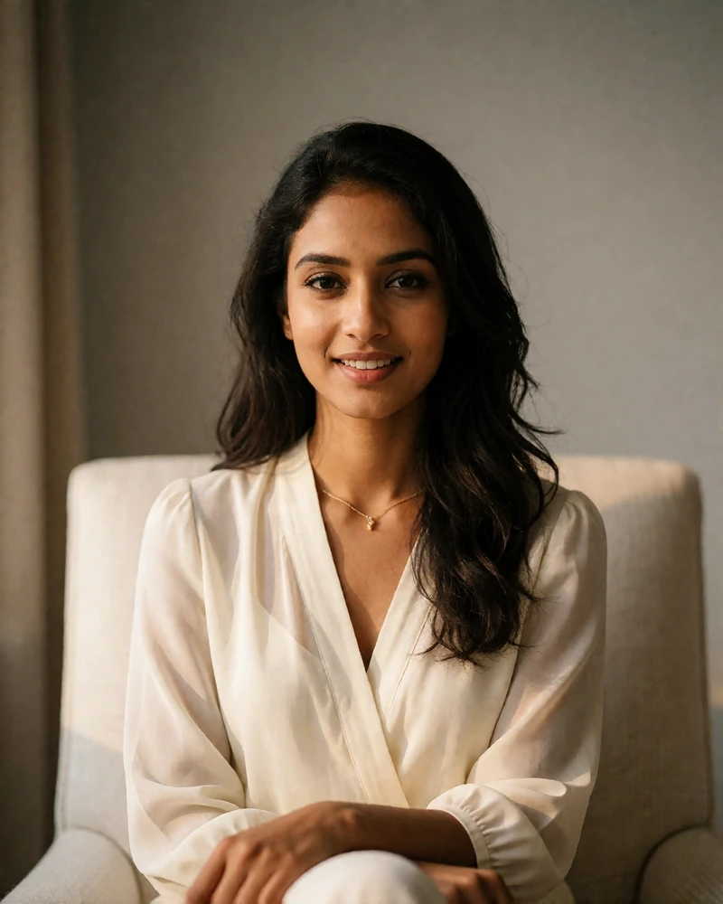 Bangladeshi woman in an ivory blouse with a delicate gold necklace seated in a bright minimal interior