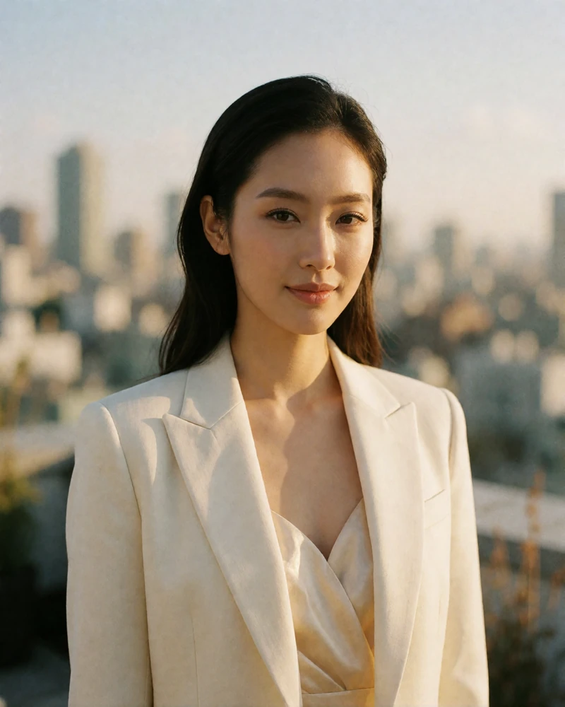 Korean woman in an ivory blazer smiling on a Seoul rooftop terrace with a blurred city skyline behind her