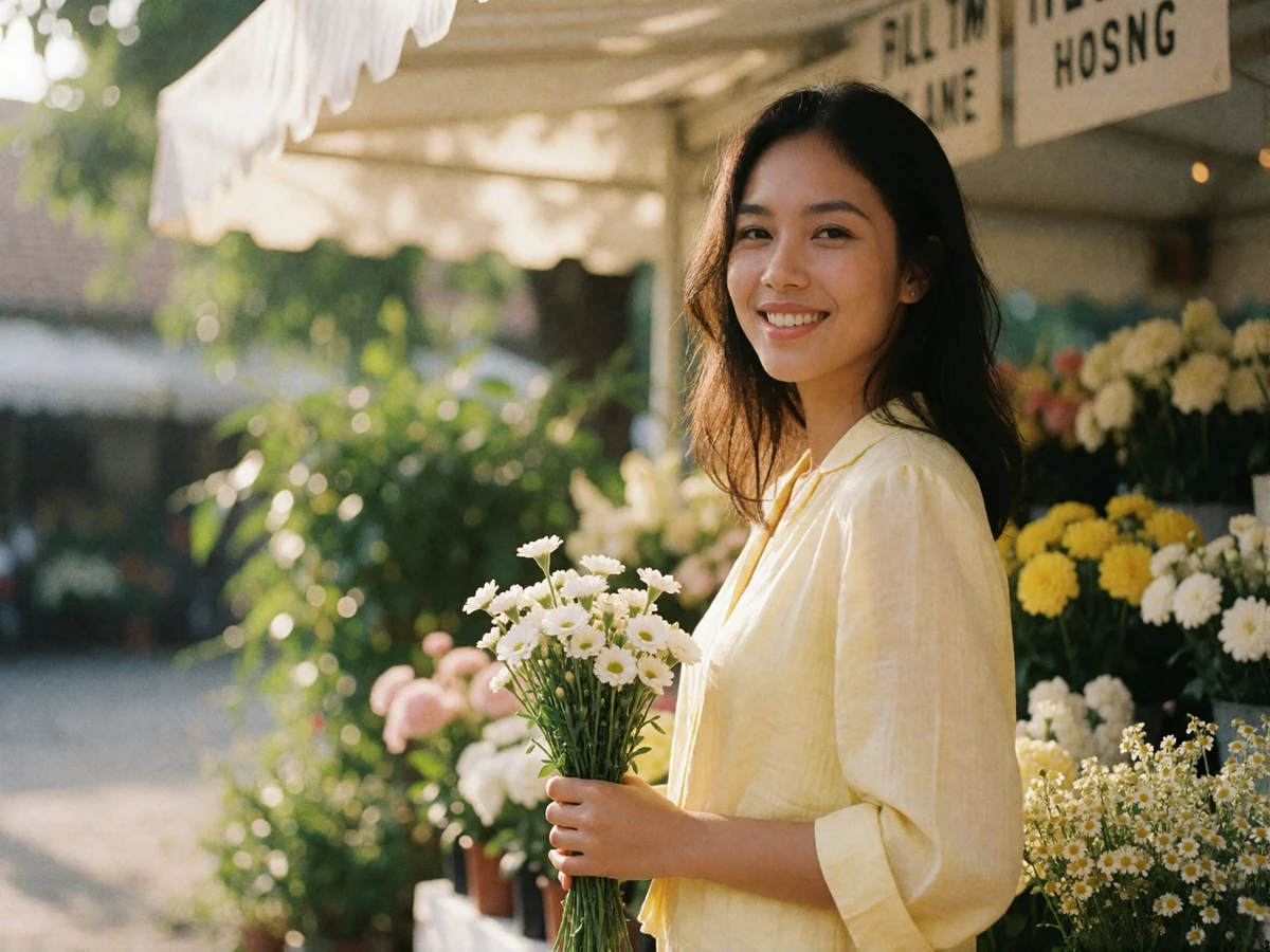 Filipina woman in a light yellow blouse smiling at an open-air flower stall while holding white blooms