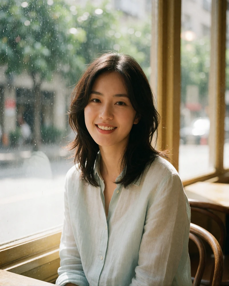 Taiwanese woman with layered dark hair in a pale blue linen shirt smiling by a bright cafe window