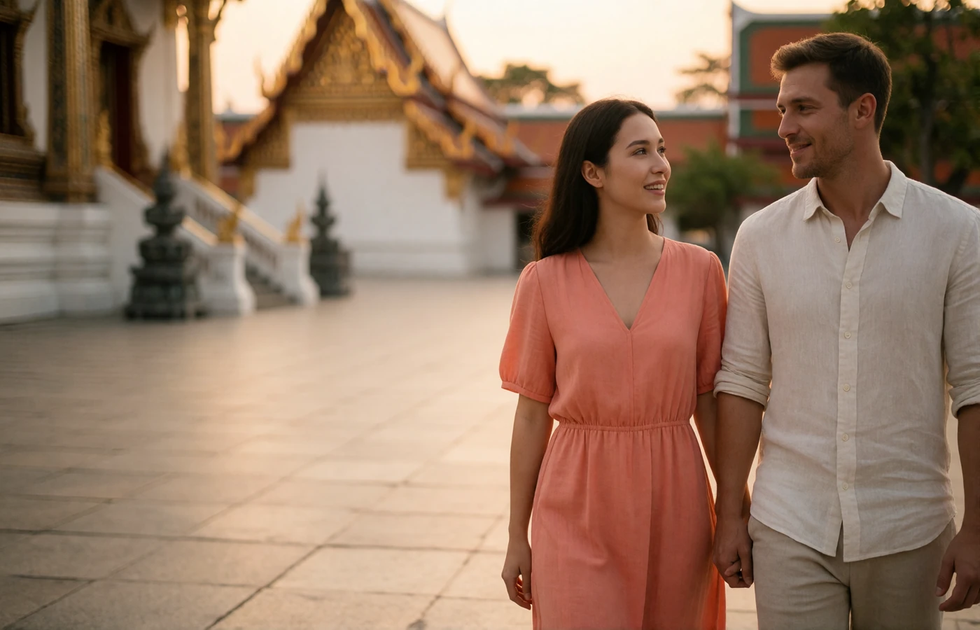 Thai woman in a coral dress and a Western man walking together through a quiet temple courtyard at dusk
