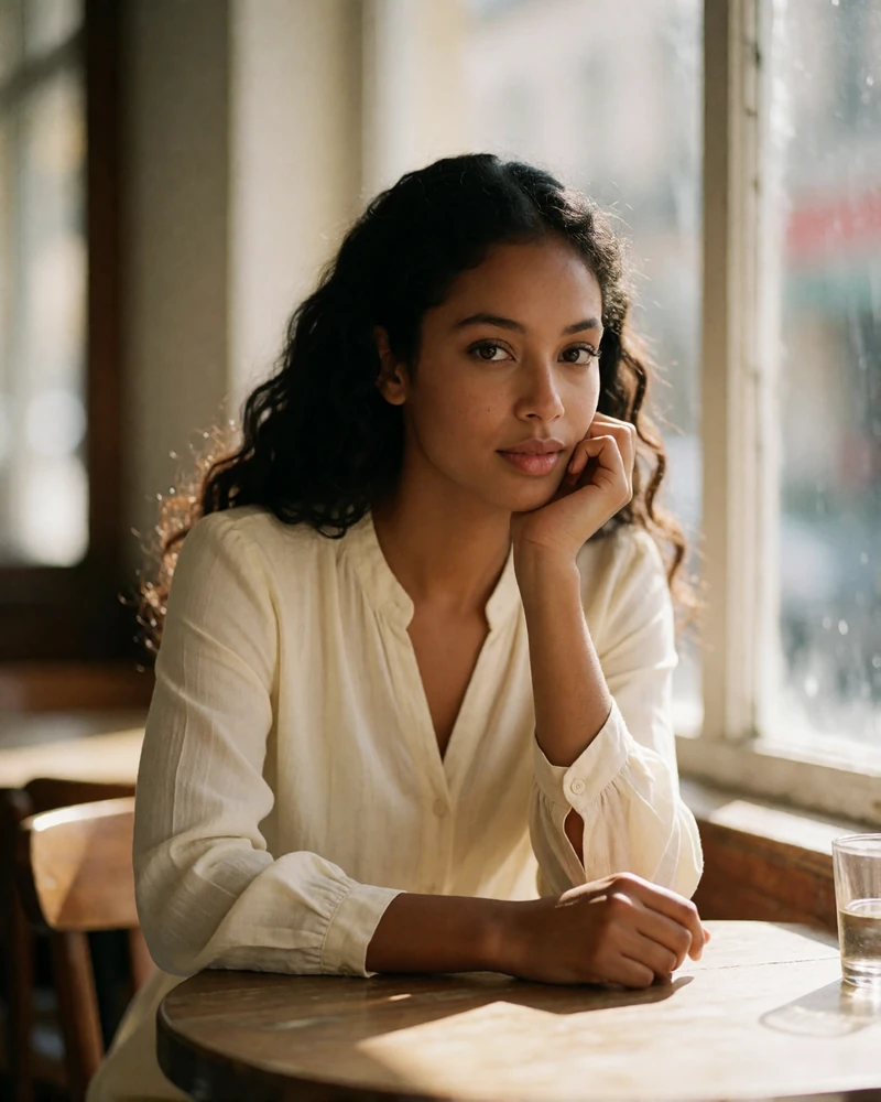 Timorese woman in a cream blouse seated at a café table by a bright window