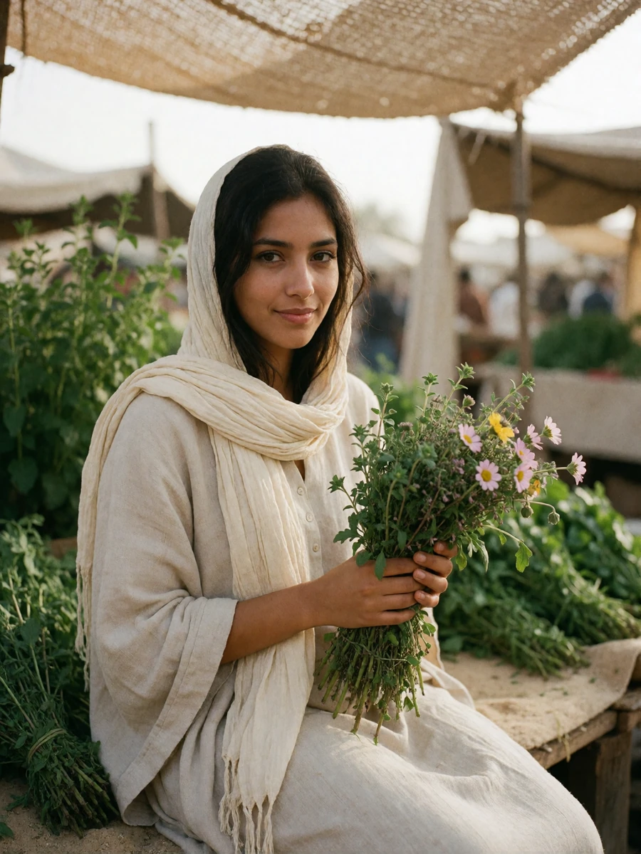 Yemeni woman in a cream headscarf holding fresh herbs and flowers at an open-air market stall