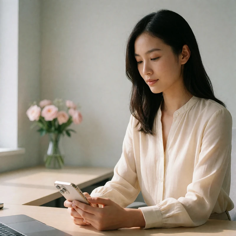 Asian woman in a cream blouse holding her phone with a calm, reassured expression at a bright desk
