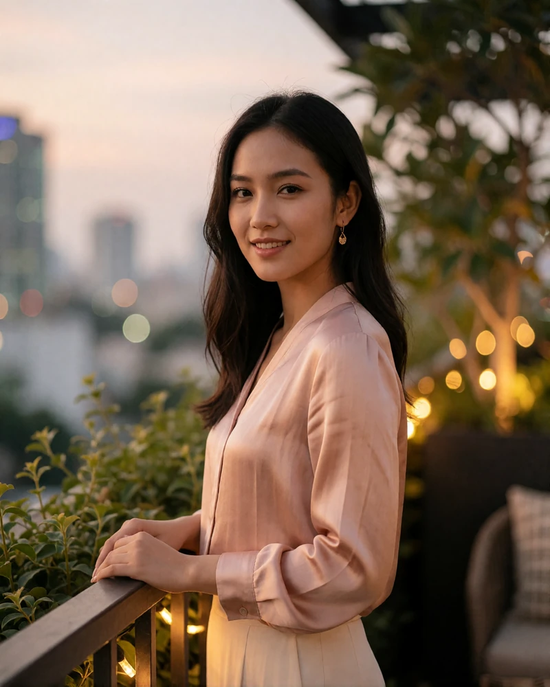 Thai woman in a blush-pink silk blouse smiling at a rooftop lounge railing in Bangkok at evening