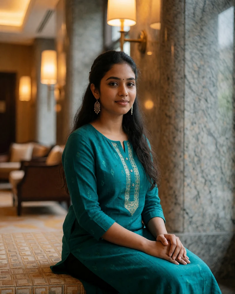 Sri Lankan woman in a teal kurta with silver earrings seated calmly in a refined hotel lobby