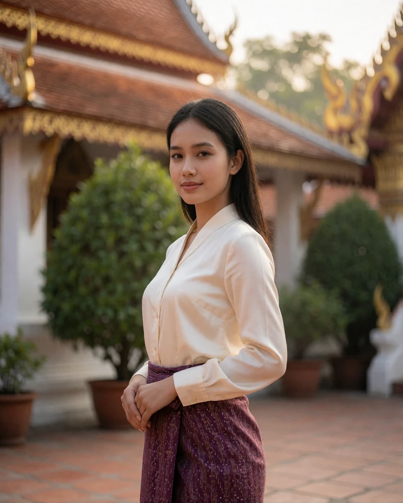 Laotian woman in an ivory blouse and woven plum skirt standing in a quiet temple courtyard at sunrise