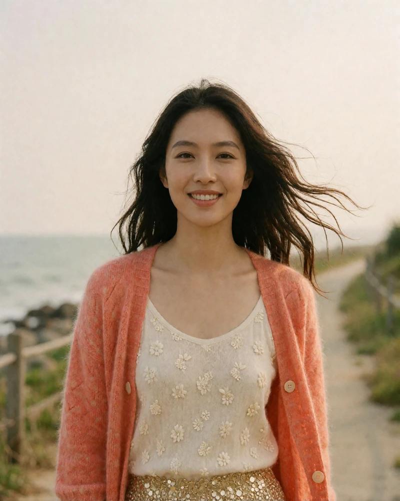 Taiwanese woman in a coral cardigan walking along a coastal path with wind in her hair