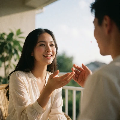 Asian woman on a sunlit balcony gesturing patiently while practicing a phrase with her partner