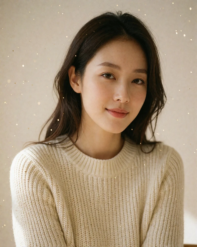 Korean woman in a cream ribbed knit sweater smiling warmly against a plain beige backdrop