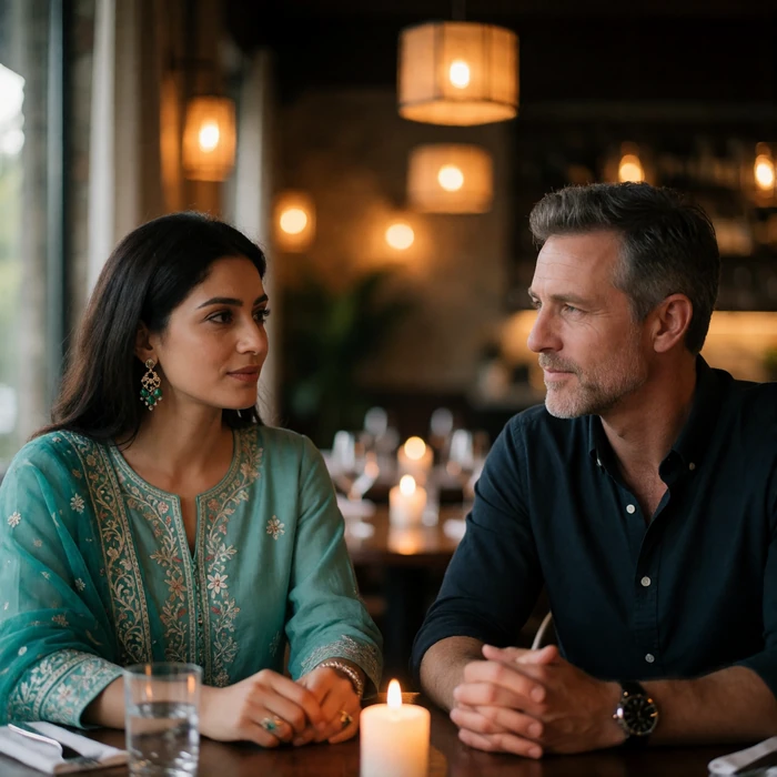 Pakistani woman in a teal embroidered outfit in relaxed conversation with a Western man at a candlelit restaurant table
