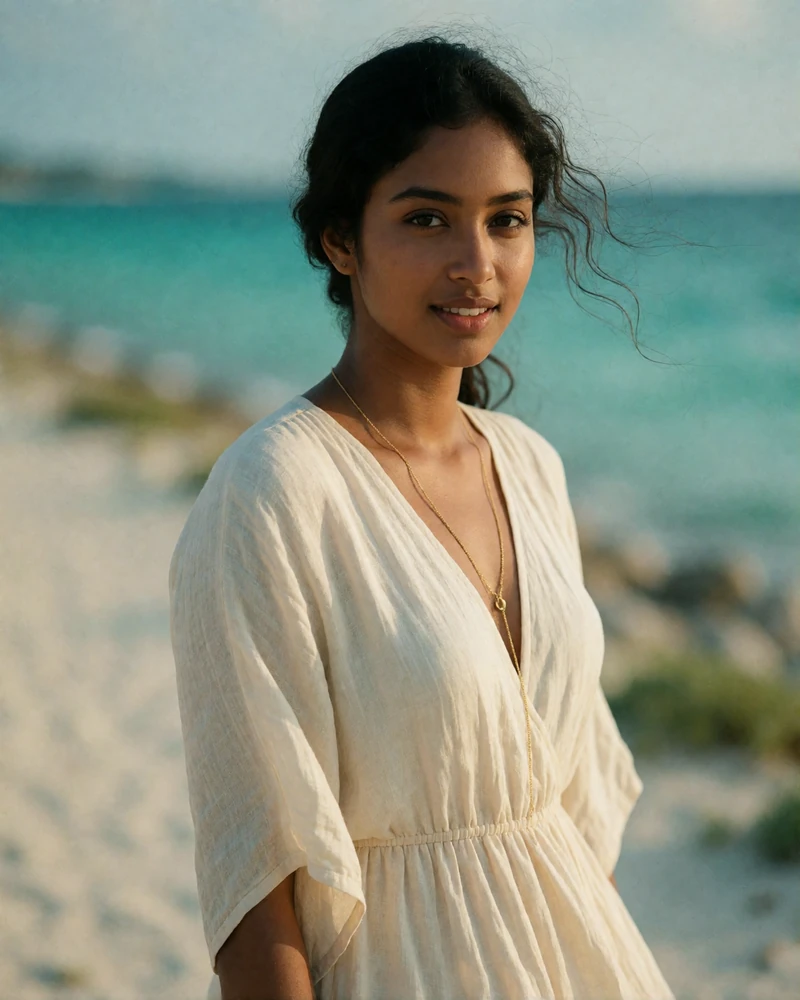 Sri Lankan woman in an ivory linen dress smiling on a quiet coastal path with the sea softly blurred behind her