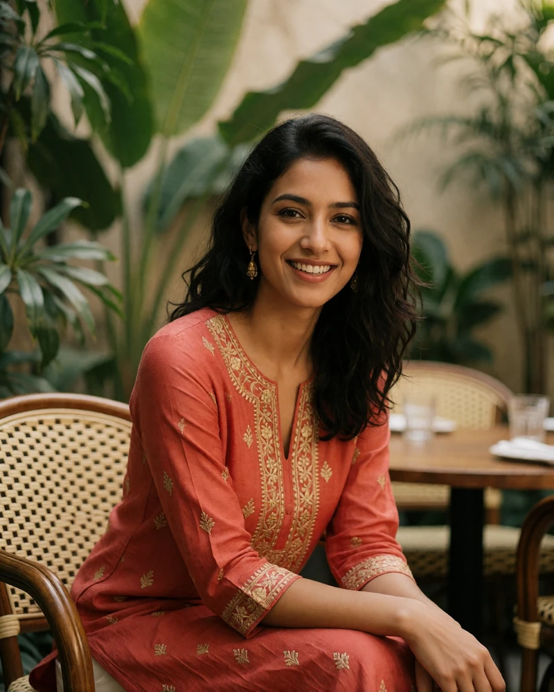 Indian-Malaysian woman with wavy dark hair seated on a rattan chair in a leafy courtyard restaurant