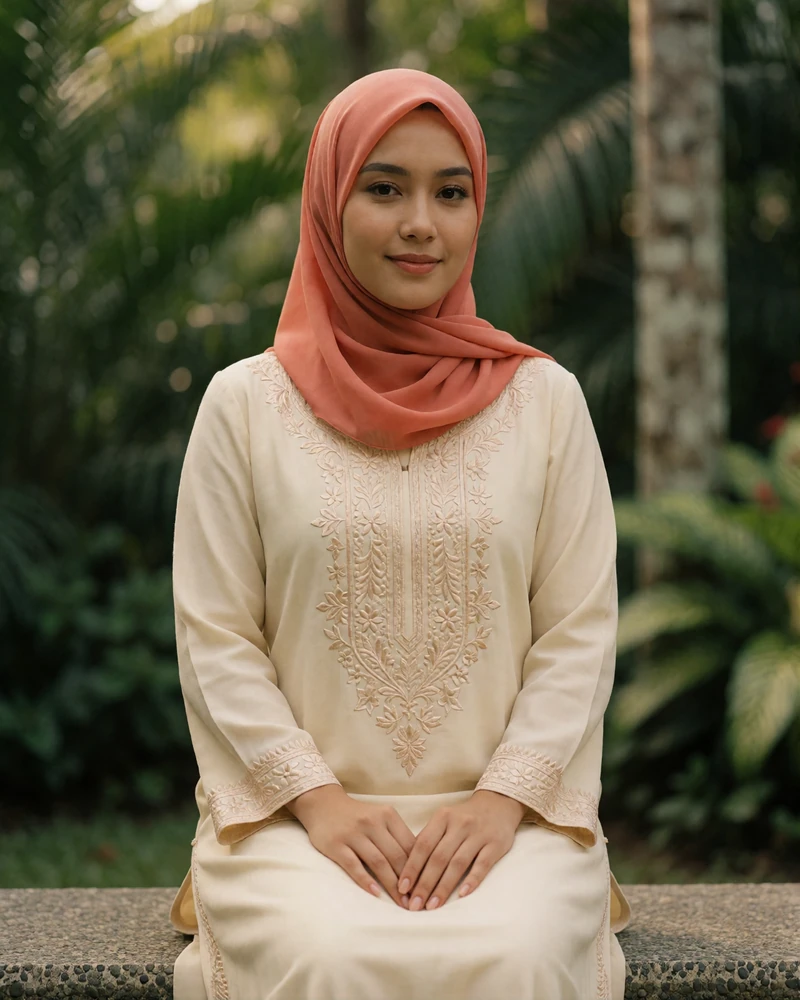 Bruneian woman in a cream embroidered tunic and coral headscarf seated on a stone bench in a tropical garden